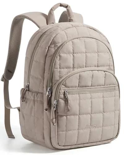 BAGSMART Quilted Laptop Backpack for Women, 25L (17.3"H x 11.8"W x 7.9"D) | Water-Resistant Casual Daypack — Camel