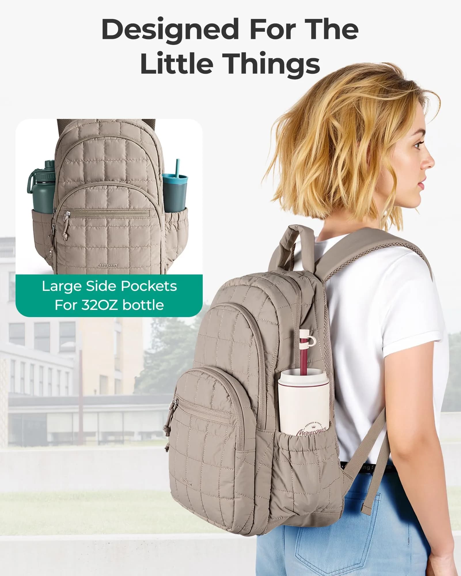 BAGSMART Quilted Laptop Backpack for Women, 25L (17.3"H x 11.8"W x 7.9"D) | Water-Resistant Casual Daypack - view 5