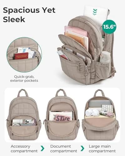 BAGSMART Quilted Laptop Backpack for Women, 25L (17.3"H x 11.8"W x 7.9"D) | Water-Resistant Casual Daypack thumbnail 3