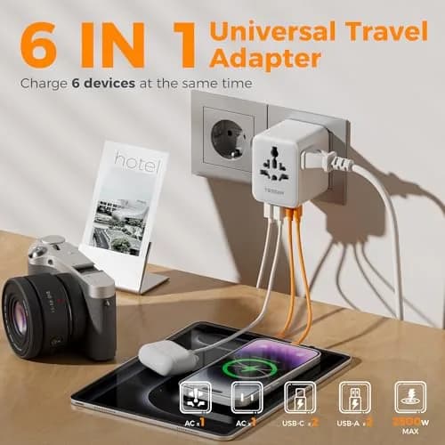 TESSAN Universal Travel Adapter Worldwide with 2 USB-C, 2 USB-A, 2 AC Outlets, 6-in-1 Plug Adapter for Over 150 Countries thumbnail 4