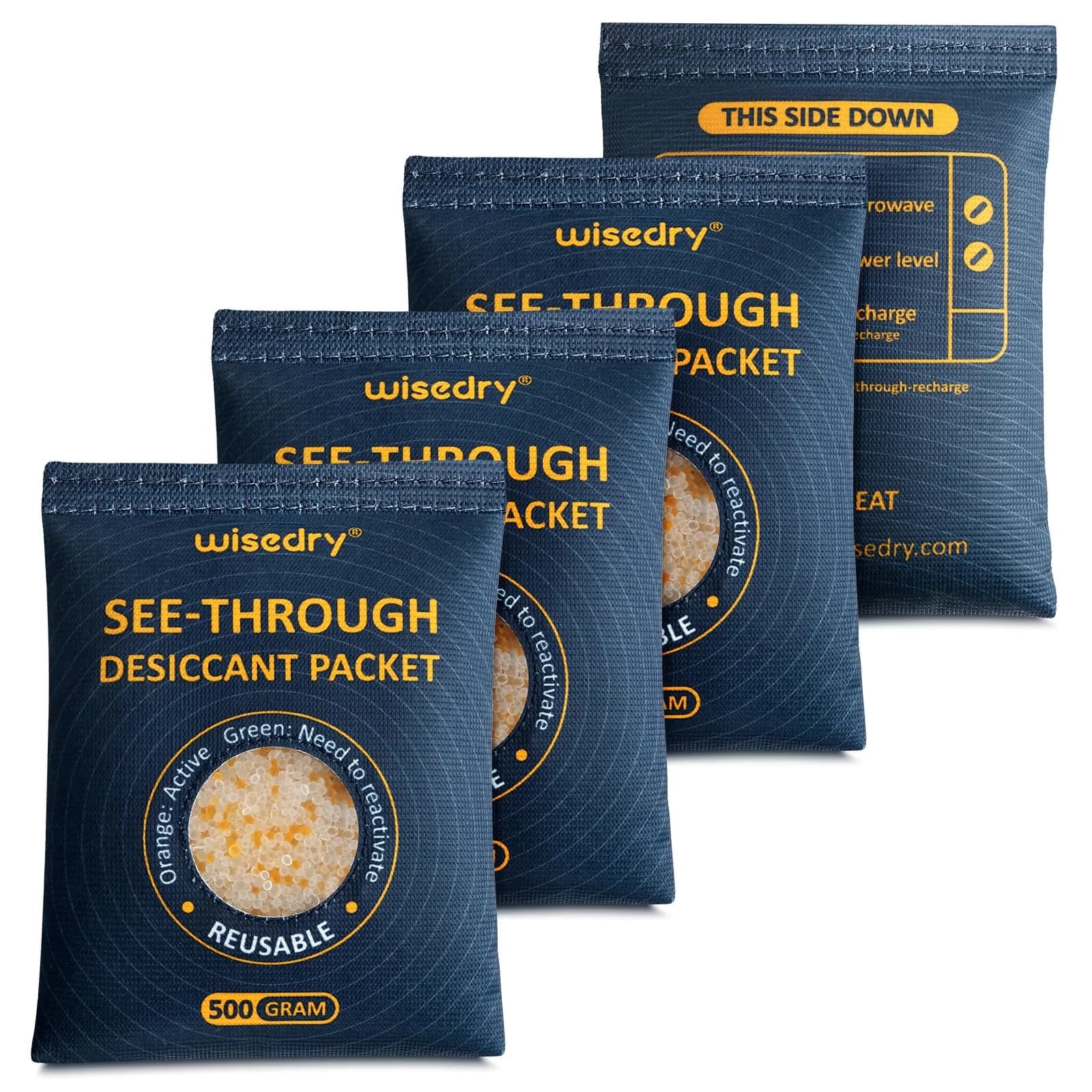 wisedry 4 x 500g See-Through Silica Gel Packets | Reusable Safe Dehumidifier with Color Indicator