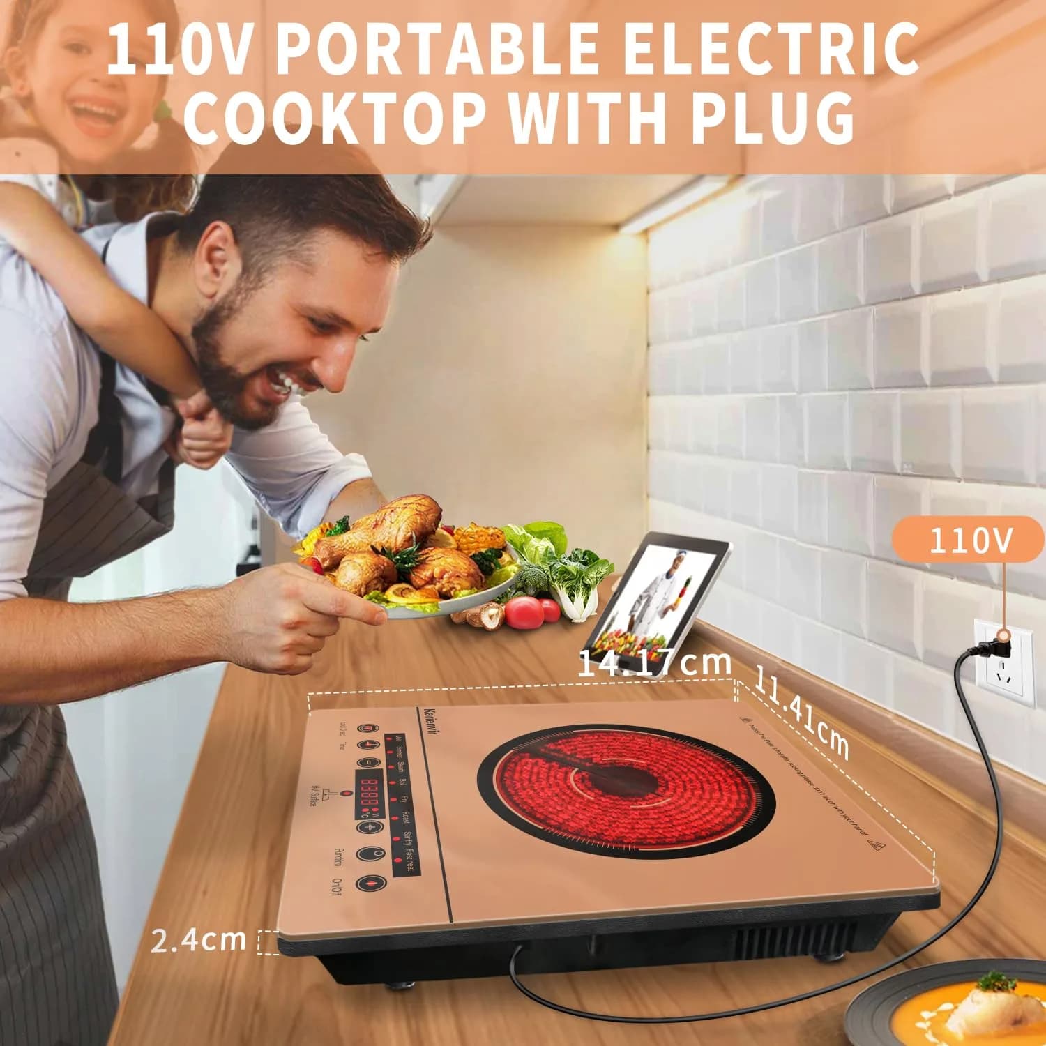 Karienvir Orange Single Burner Electric Cooktop 1800W | Portable 110V with Touch Control & Timer - view 6