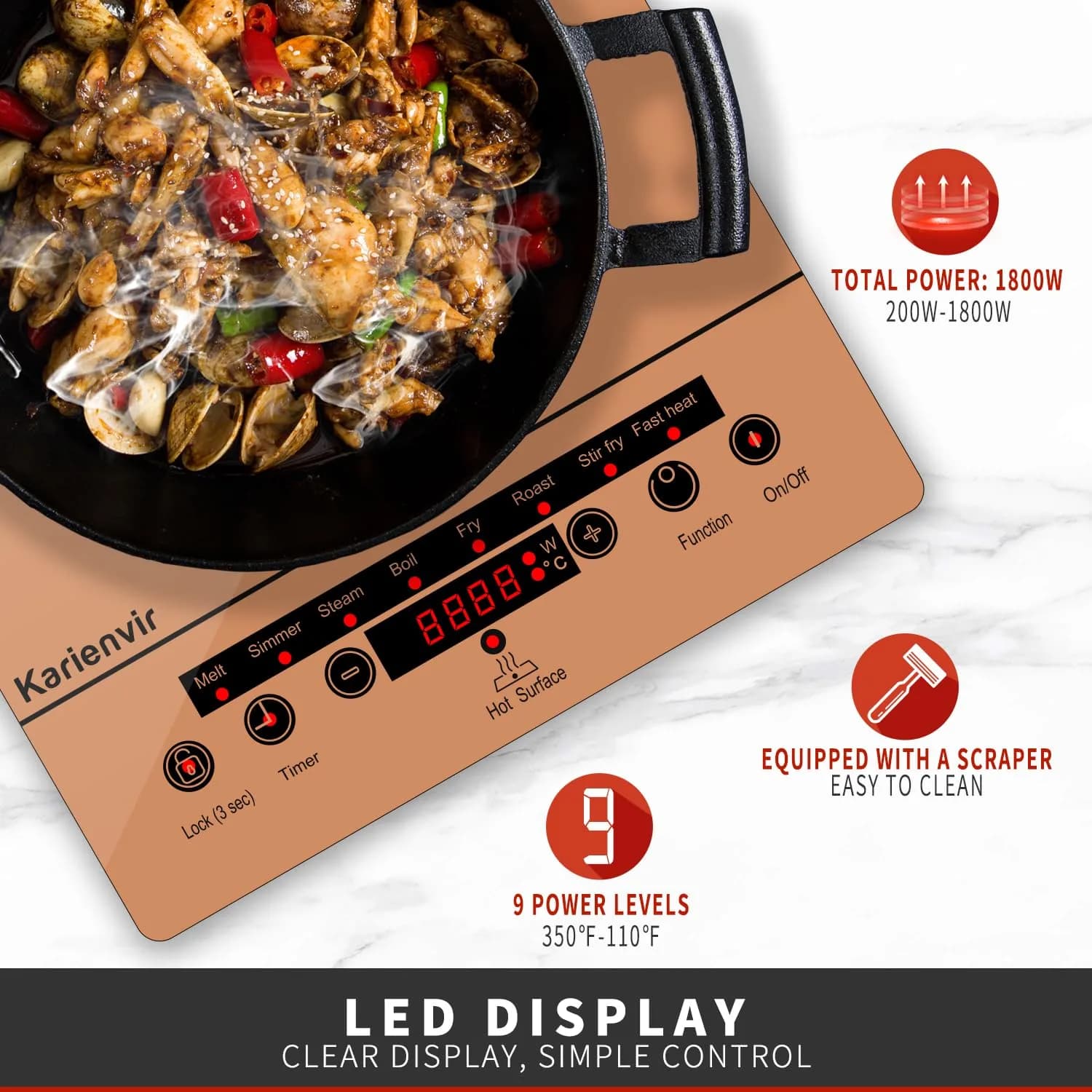 Karienvir Orange Single Burner Electric Cooktop 1800W with Touch Control and Timer - view 2