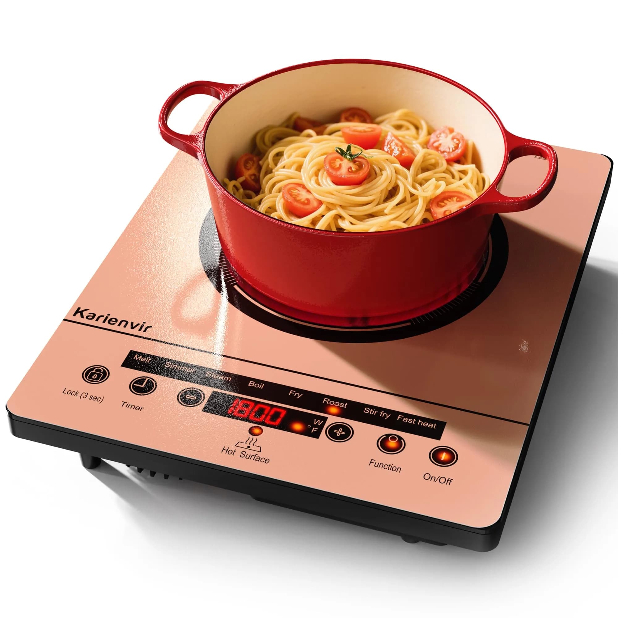 Karienvir Single Burner Electric Cooktop 1800W (25cm x 30cm x 59cm) | Touch Control, 9 Power Levels, 220V Compatible — Orange