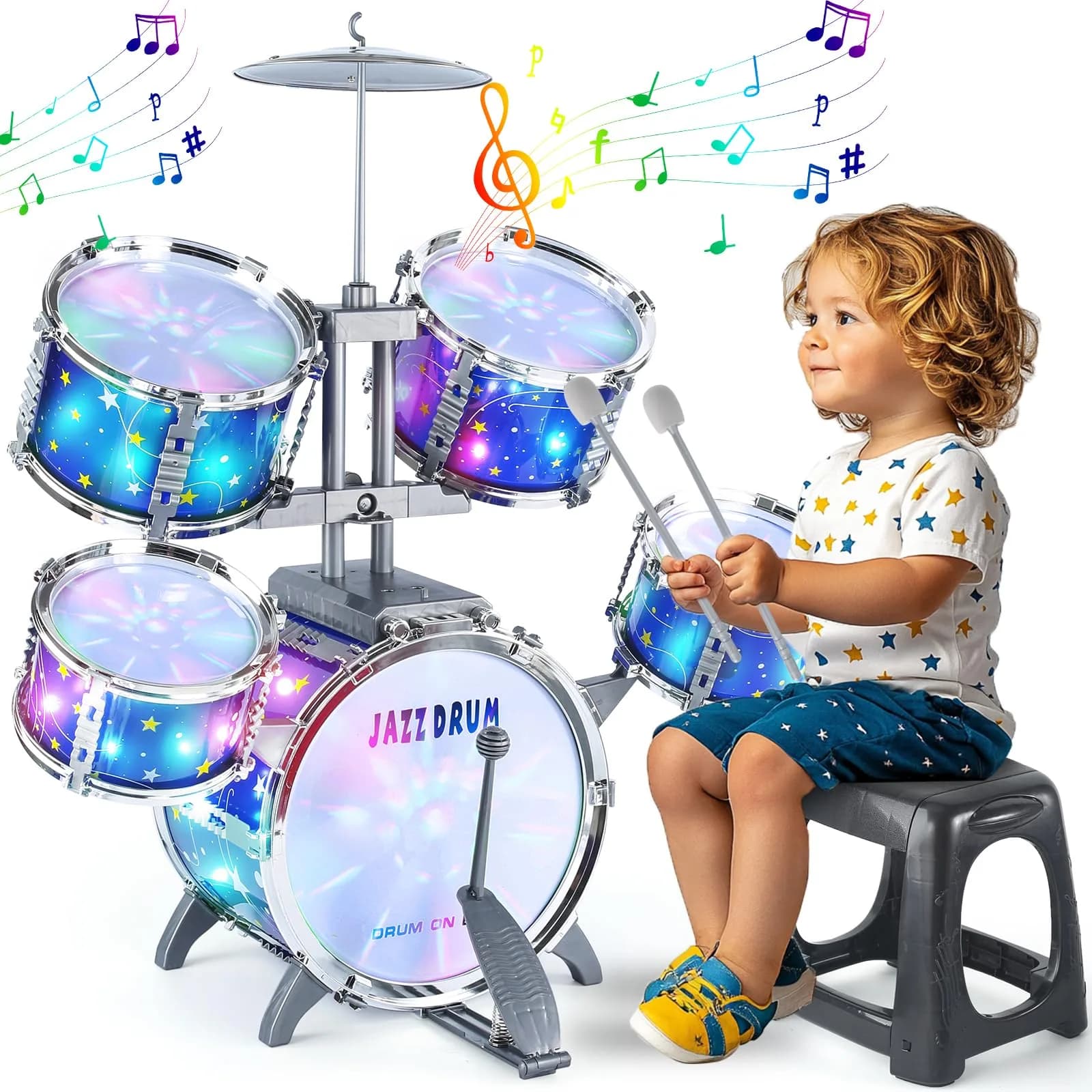 LinseyFun Kids Drum Set for Toddlers 3-5 | Light-up Jazz Percussion Toy