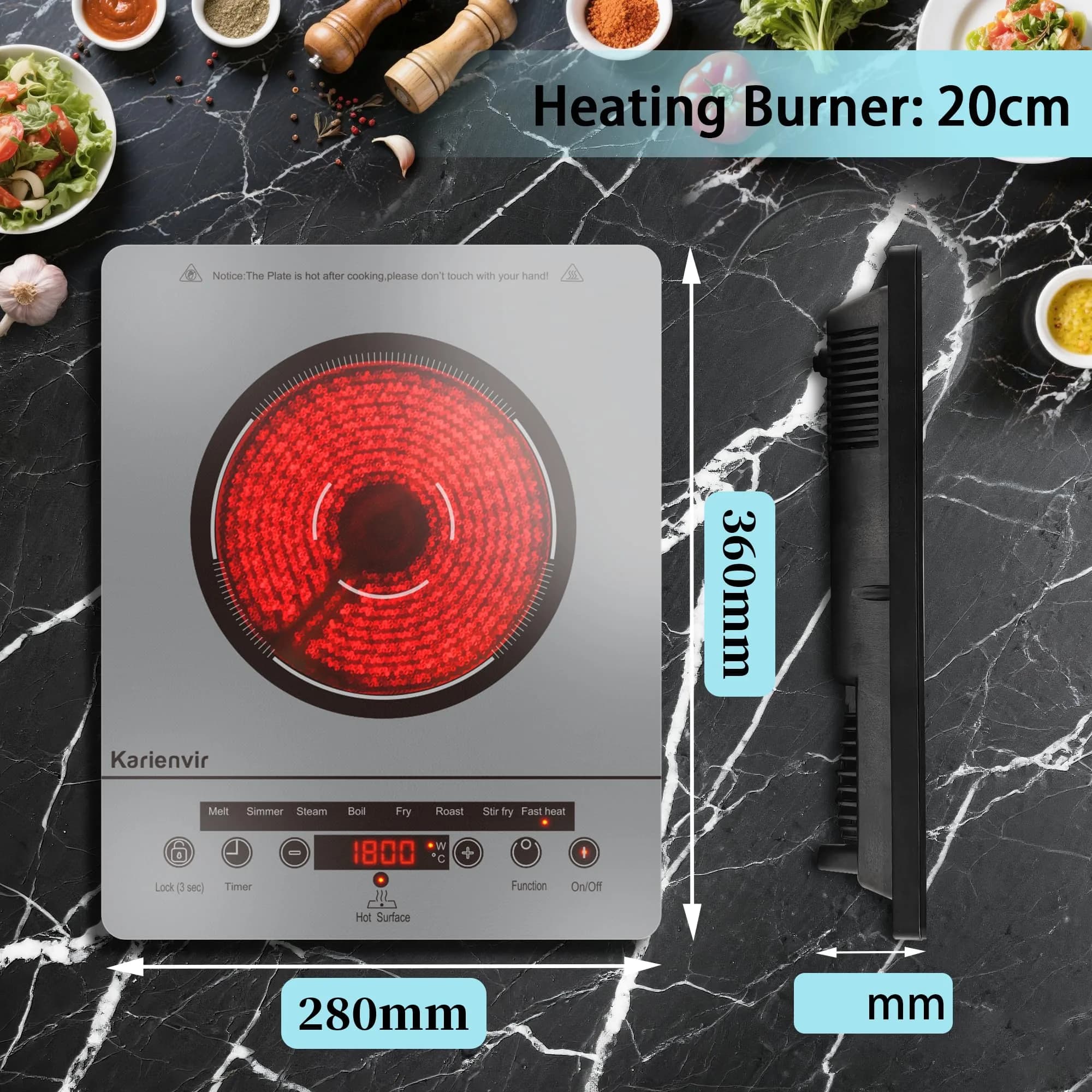Karienvir Grey Electric Cooktop Single Burner | 1800W Portable Stove with Touch Control & Timer - view 6
