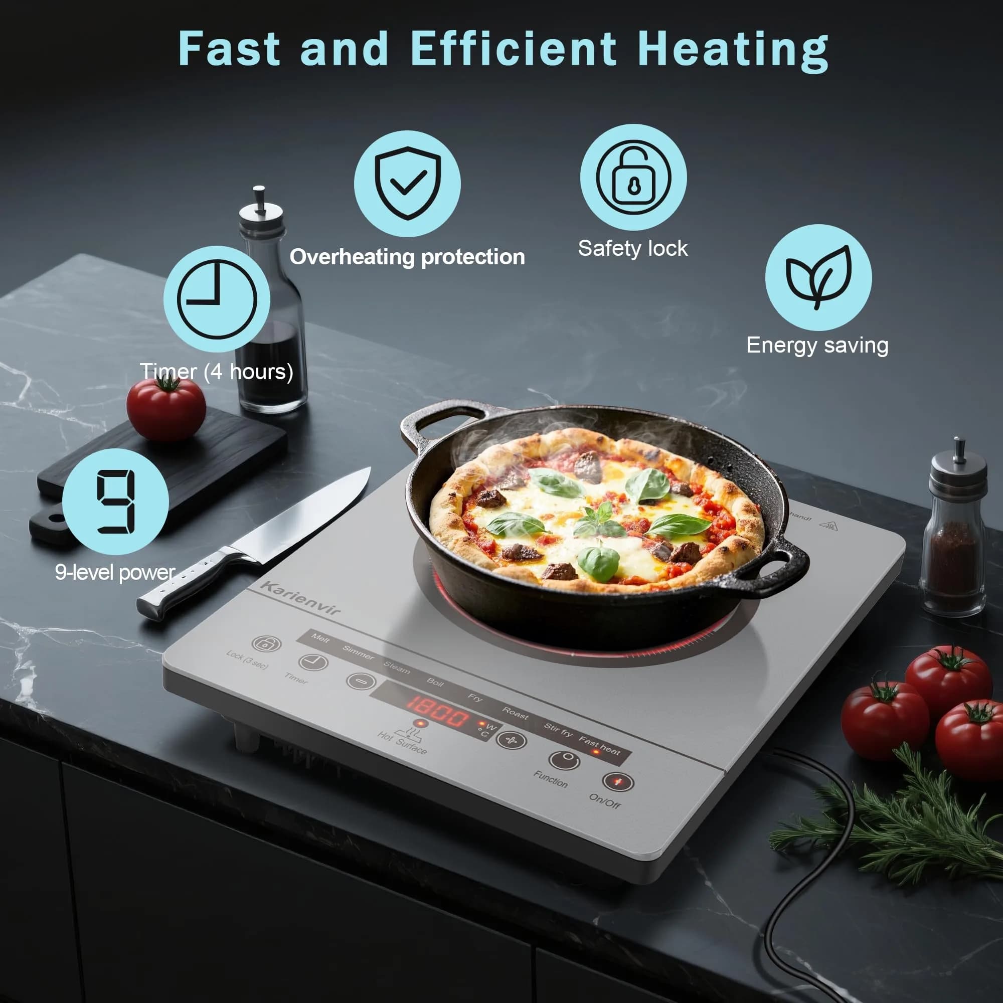 Karienvir Grey Single Burner Electric Cooktop 1800W with Touch Control - view 2