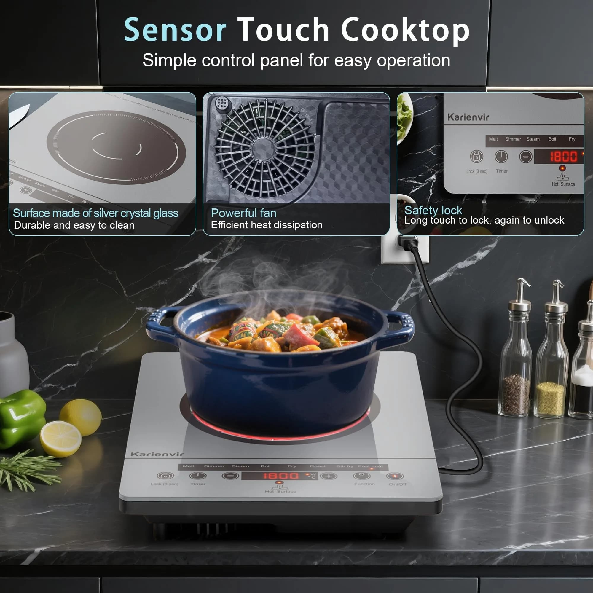 Karienvir Grey Single Burner Electric Cooktop 1800W with Touch Control - view 3