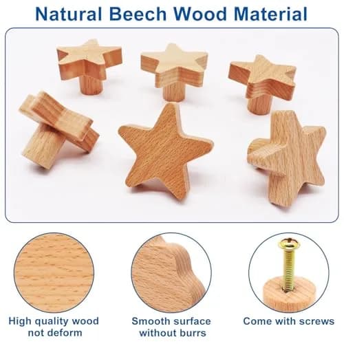 YuGtcen Star Shape Wooden Cabinet Knobs (12-Pack, Natural Wood) | Nursery Drawer Pulls for Furniture thumbnail 4