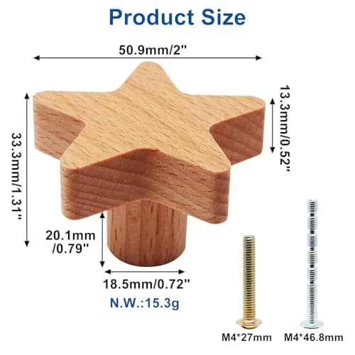 YuGtcen Star Shape Wooden Cabinet Knobs (12-Pack, Natural Wood) | Nursery Drawer Pulls for Furniture thumbnail 2