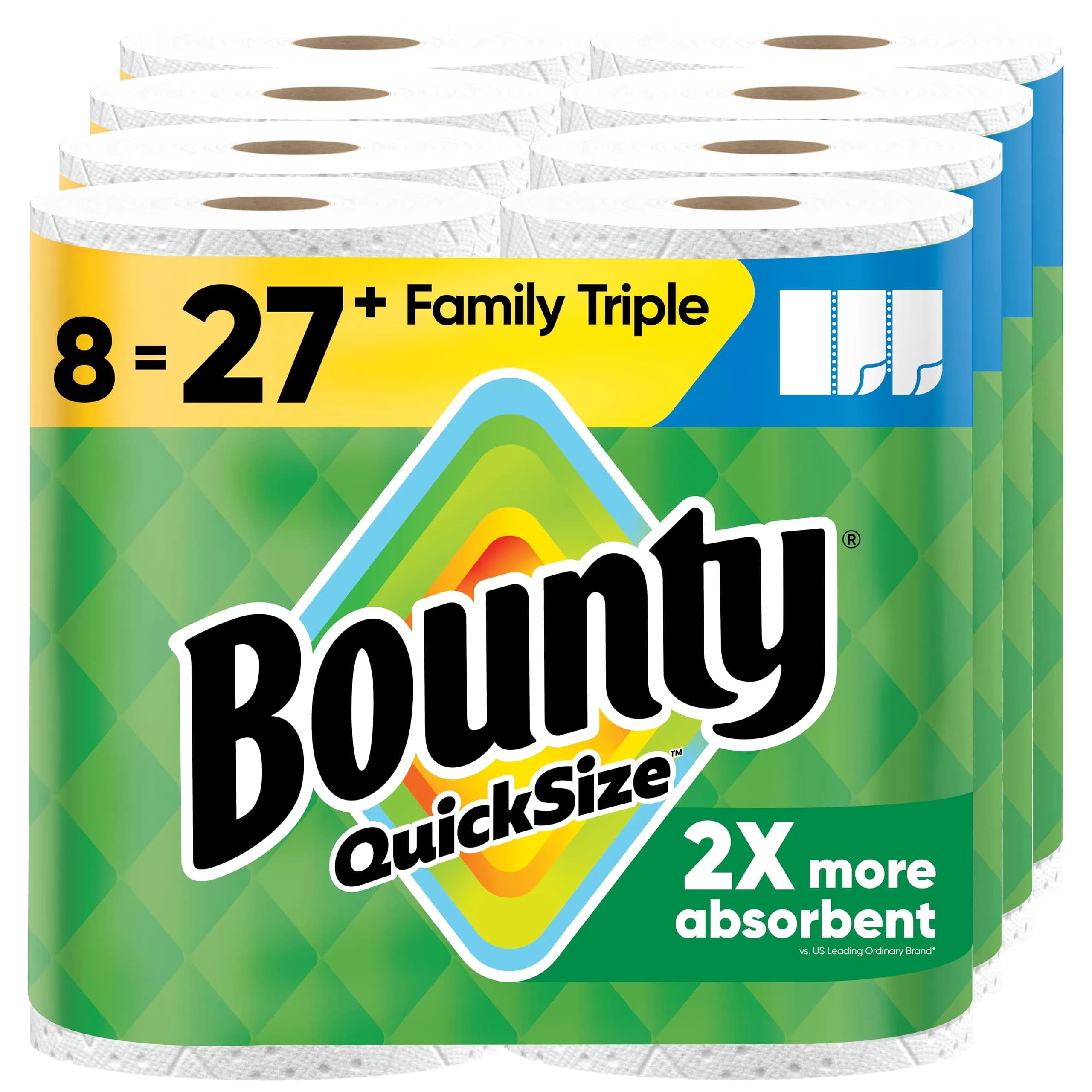 Bounty Quick-Size Paper Towels, White, 8 Family Triple Rolls | 1128 Sheets