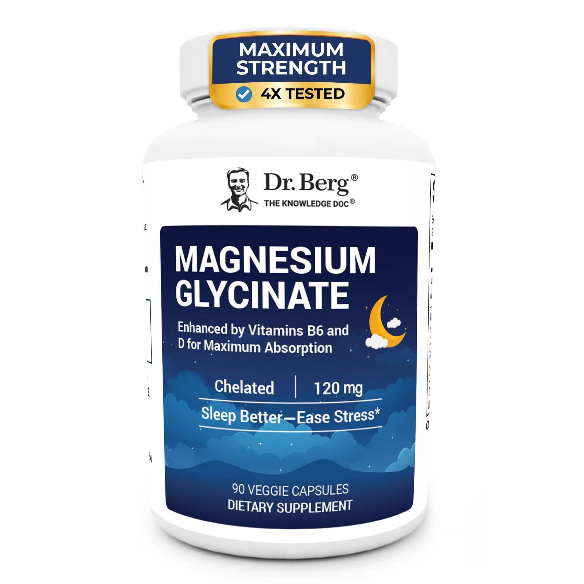 Dr. Berg Magnesium Glycinate 90ct – 4-in-1 Chelated for Muscle, Nerve, Sleep & Stress Support*– w/ D3, B6 & Zinc – 4X Lab-Tested – No Fillers – Formulated in USA, GMP-Certified — Capsule
