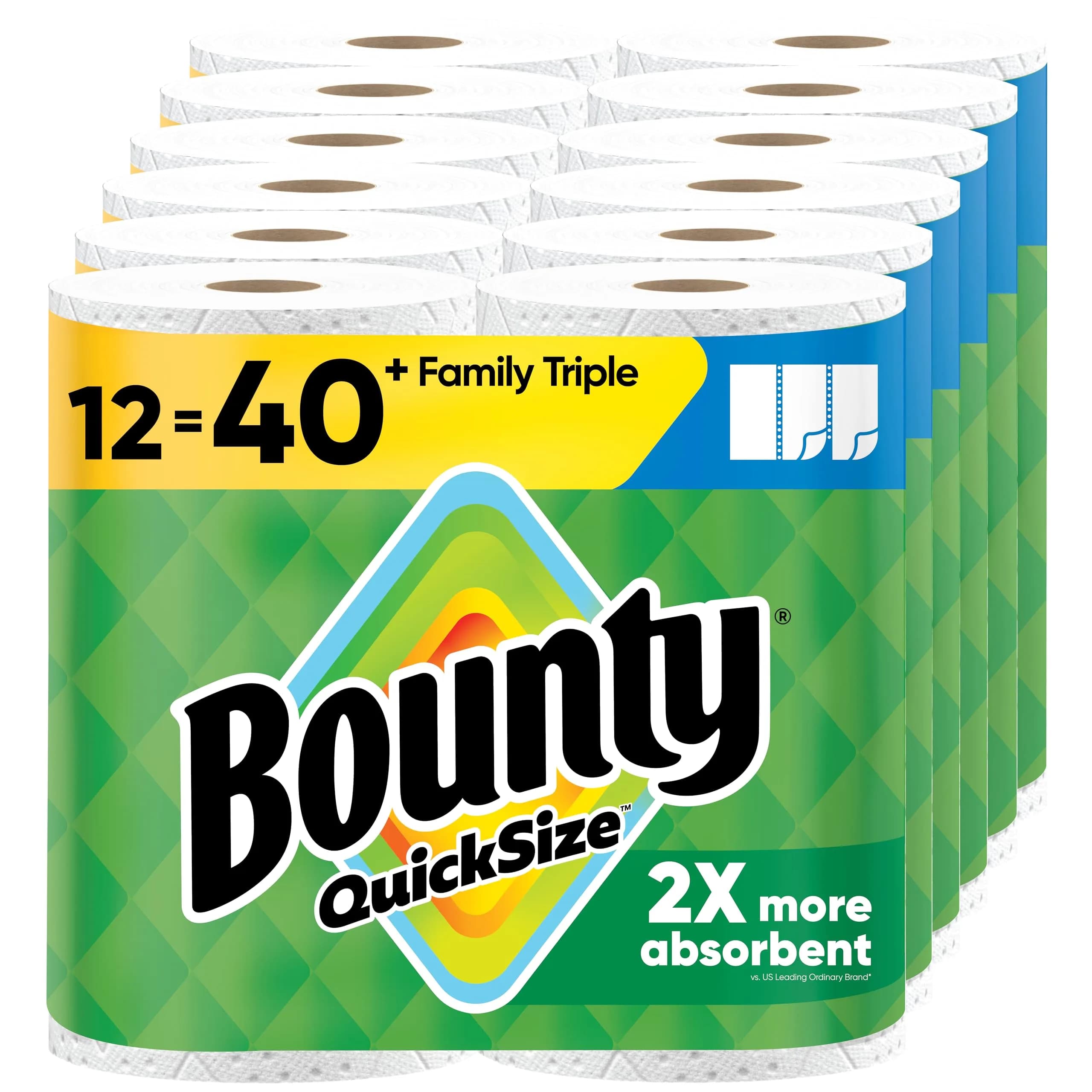 Bounty Quick-Size Paper Towels, White, 12 Family Triple Rolls (1692 Sheets) | 2x More Absorbent