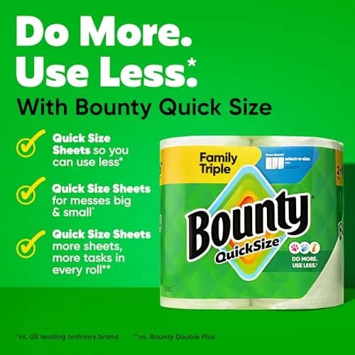 Bounty Quick-Size Paper Towels, White, 12 Family Triple Rolls (1692 Sheets) | 2x More Absorbent thumbnail 2