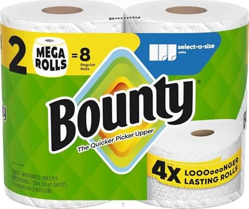 Bounty Select-A-Size Paper Towels, White, 2 Mega Rolls (328 Sheets Total) | Absorbent & Durable for Quick Mess Cleanup thumbnail 1