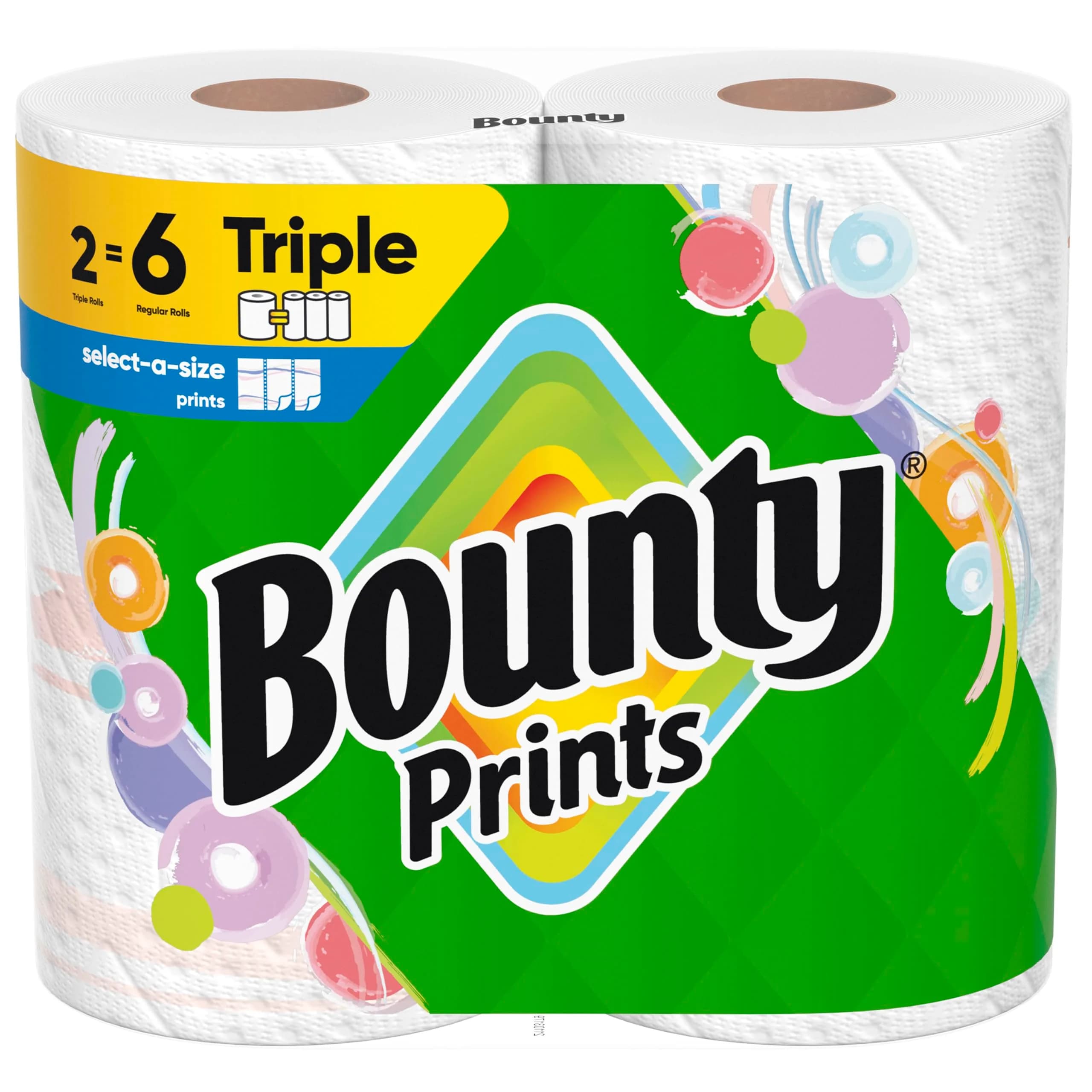 Bounty Select-A-Size Paper Towels, Prints, 2 Triple Rolls (246 Sheets) | Absorbent & Quicker Picker Upper