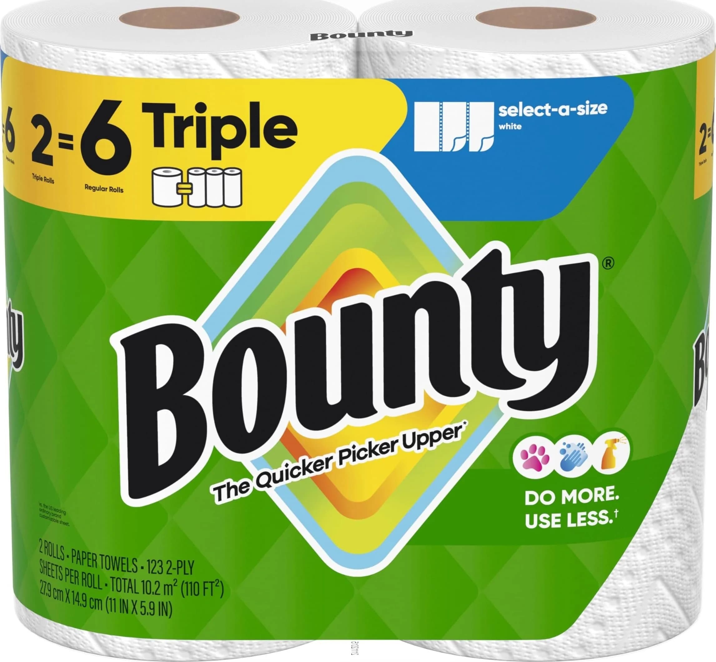Bounty Select-A-Size Paper Towels, White, 2 Triple Rolls (246 Sheets) | Absorbent & Quicker Picker Upper - main product image