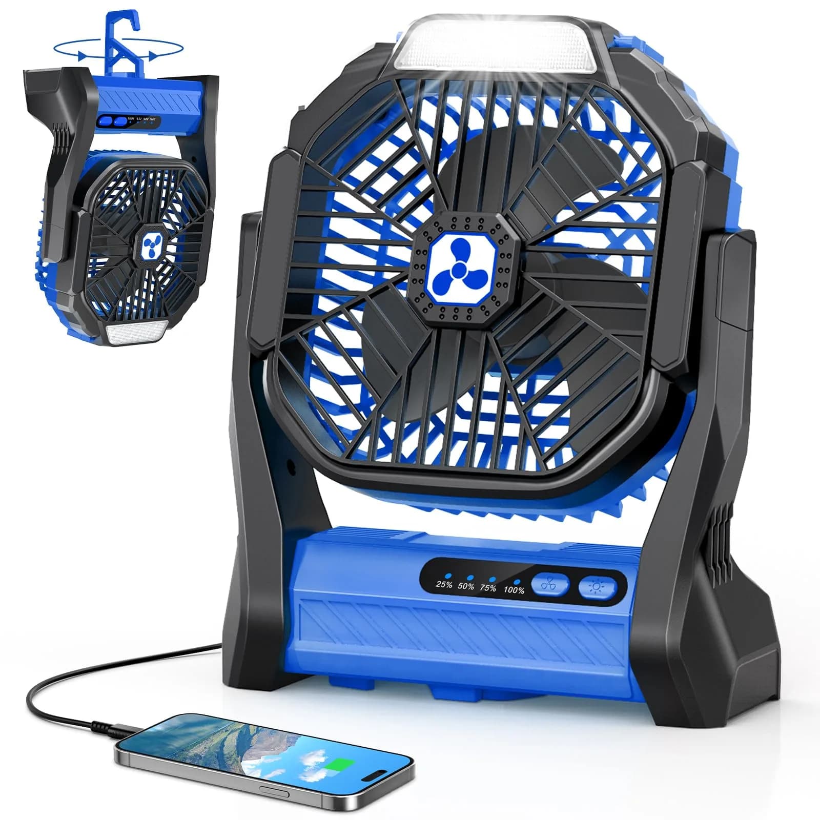 Peouix Portable Rechargeable Fan 20000mAh | Cordless Camping Fan with LED Lantern & Power Bank (270° Oscillation, 16-145H Runtime) — Blue