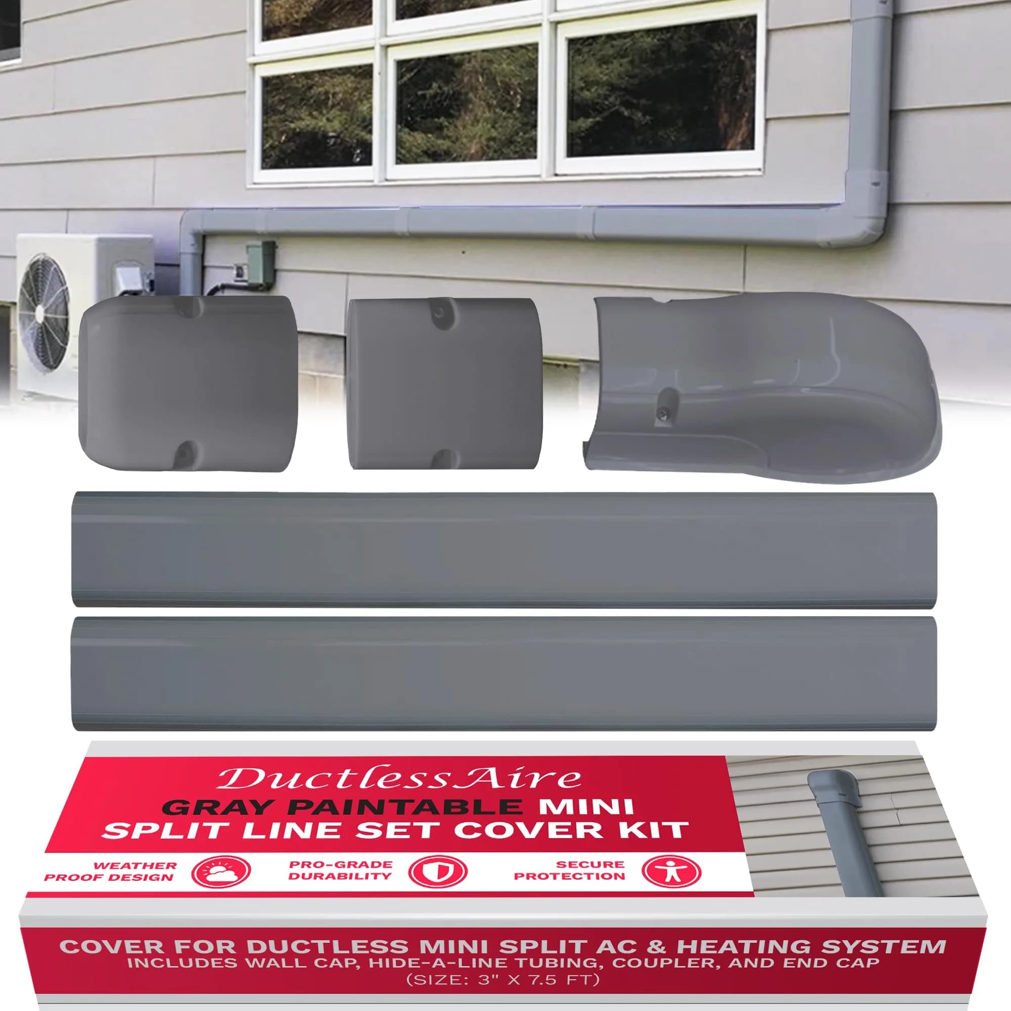 DuctlessAire Gray Mini Split Line Set Cover Kit 2.29 m (7.5 ft) | Protects AC Lines for Clean Installation — Gray