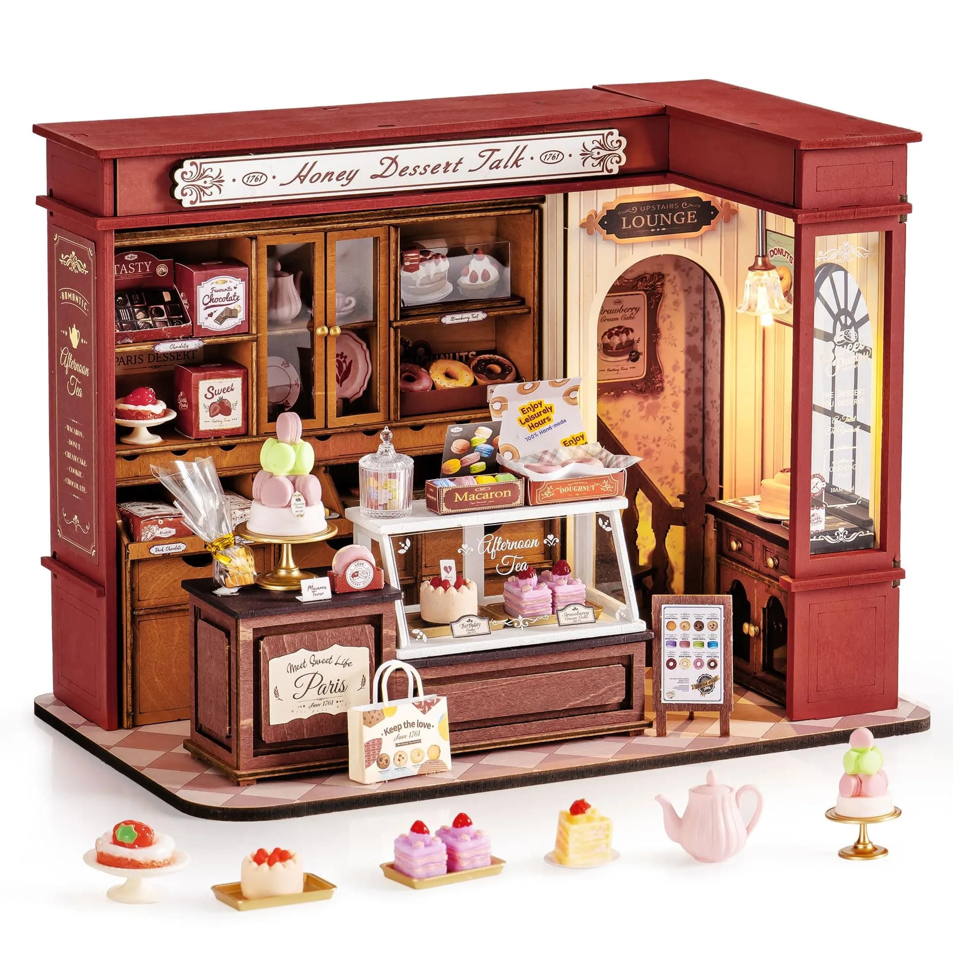 Rolife Miniature Dollhouse Kit 1:18 Scale French Dessert Shop with LED, 242 pcs, Creative Gift for Adults — Red