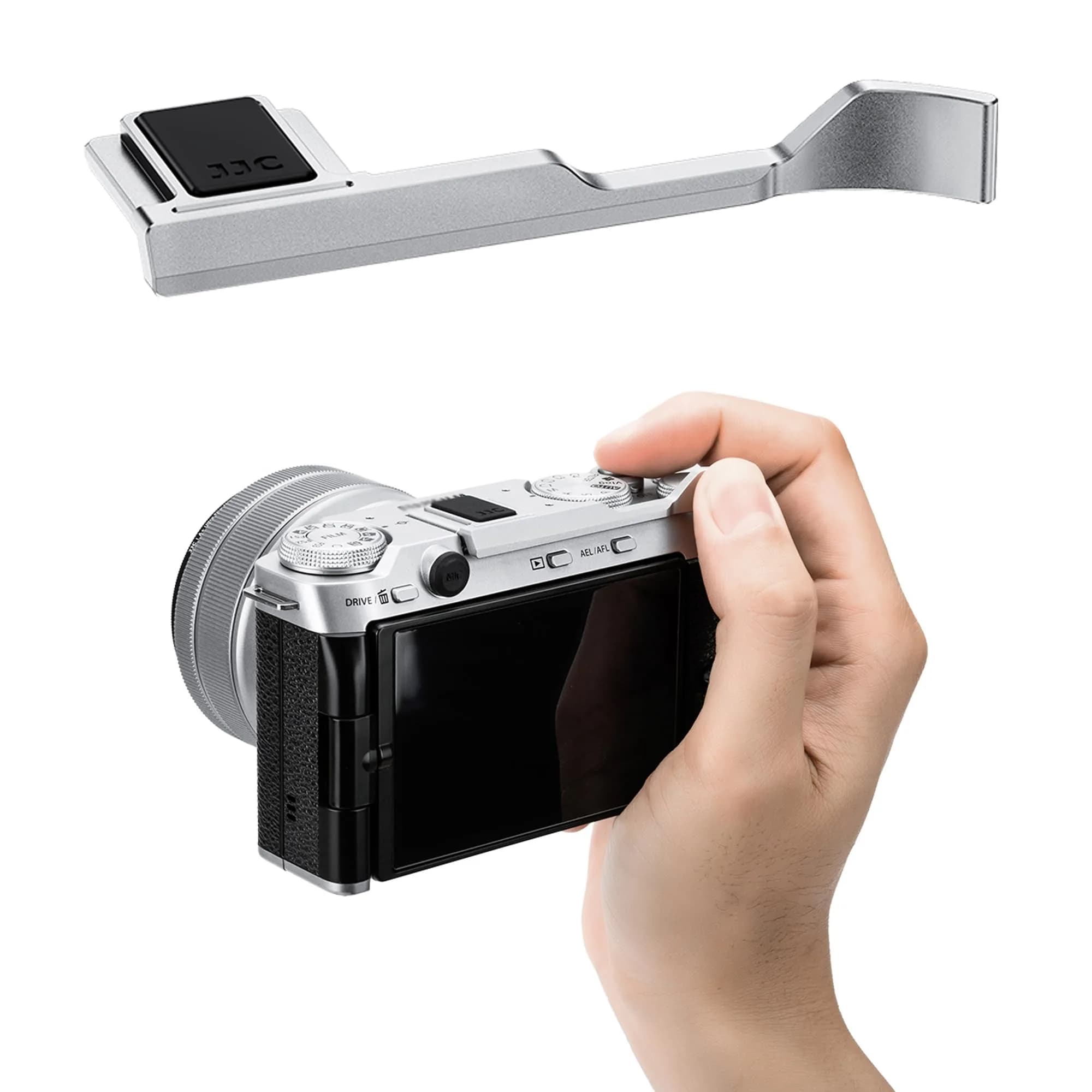 JJC Metal Thumb Grip for Fuji X-M5 XM5 Camera | Silver, Durable Aluminum Alloy, Easy Hot Shoe Fit — Silver