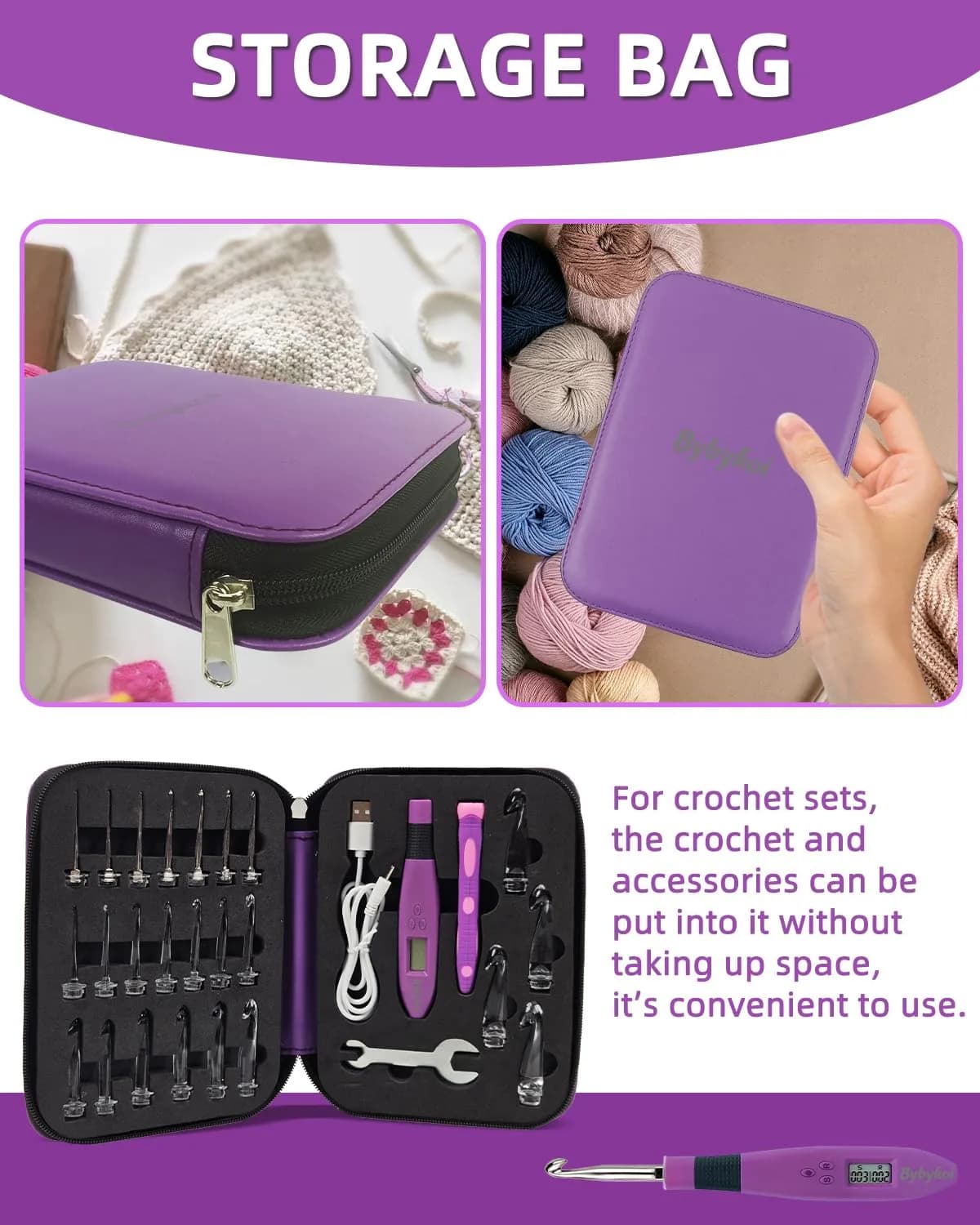 Bybykoi Light Up Crochet Hooks Set with Digital Counter & 24 Interchangeable Hooks | 2.0-14.0 mm (Metric Conversion) - view 5