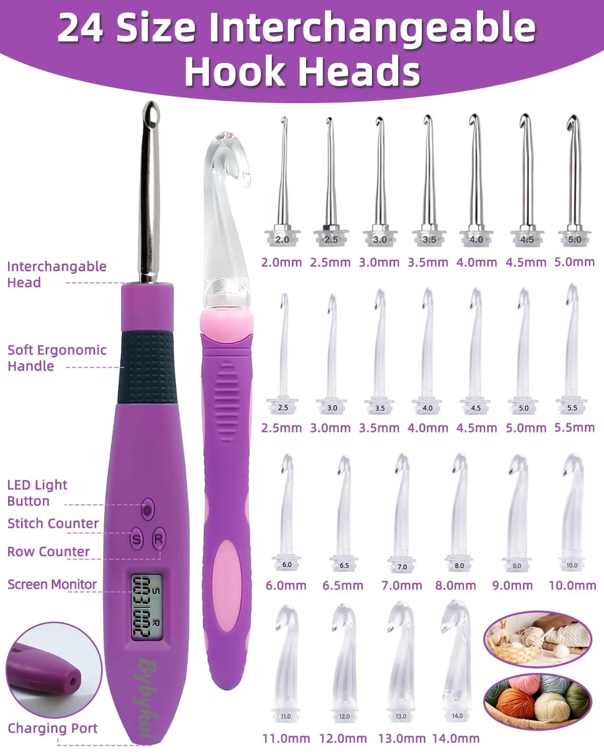 Bybykoi Light Up Crochet Hooks Set with Digital Counter & 24 Interchangeable Hooks | 2.0-14.0 mm (Metric Conversion) - view 4