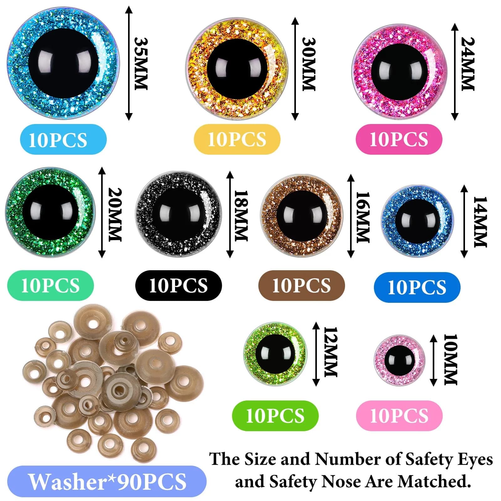 UPINS Glitter Safety Eyes with Washers 10-35mm (180 Pcs) | Assorted Colors for Amigurumi & Crafts - view 2