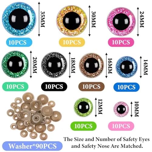 UPINS Glitter Safety Eyes with Washers 10-35mm (180 Pcs) | Assorted Colors for Amigurumi & Crafts thumbnail 2
