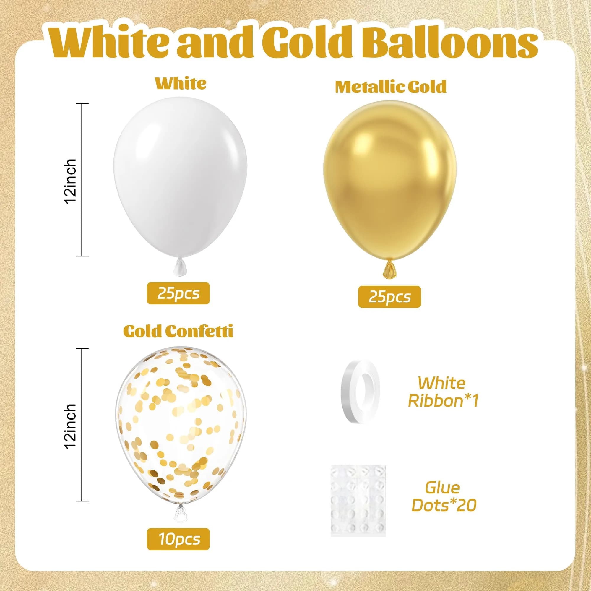 awenztech Gold and White Balloons 12inch (30.48cm) | 60pcs Assorted Colors Party Pack - view 2