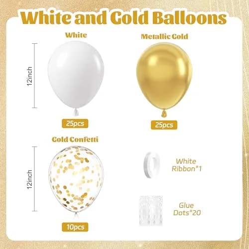awenztech Gold and White Balloons 12inch (30.48cm) | 60pcs Assorted Colors Party Pack thumbnail 2