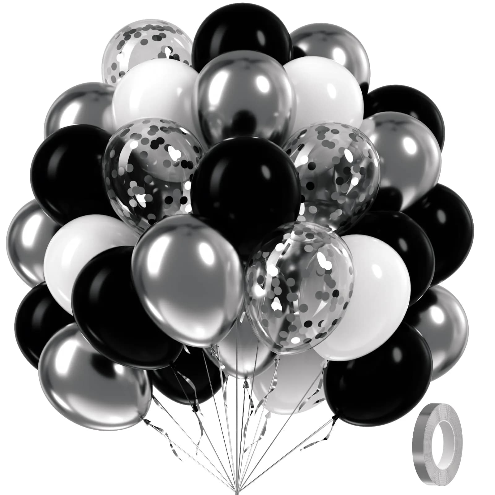 awenztech Black and Silver Balloons 12inch (30.48cm) | 60pcs Assorted Colors Party Pack - main product image