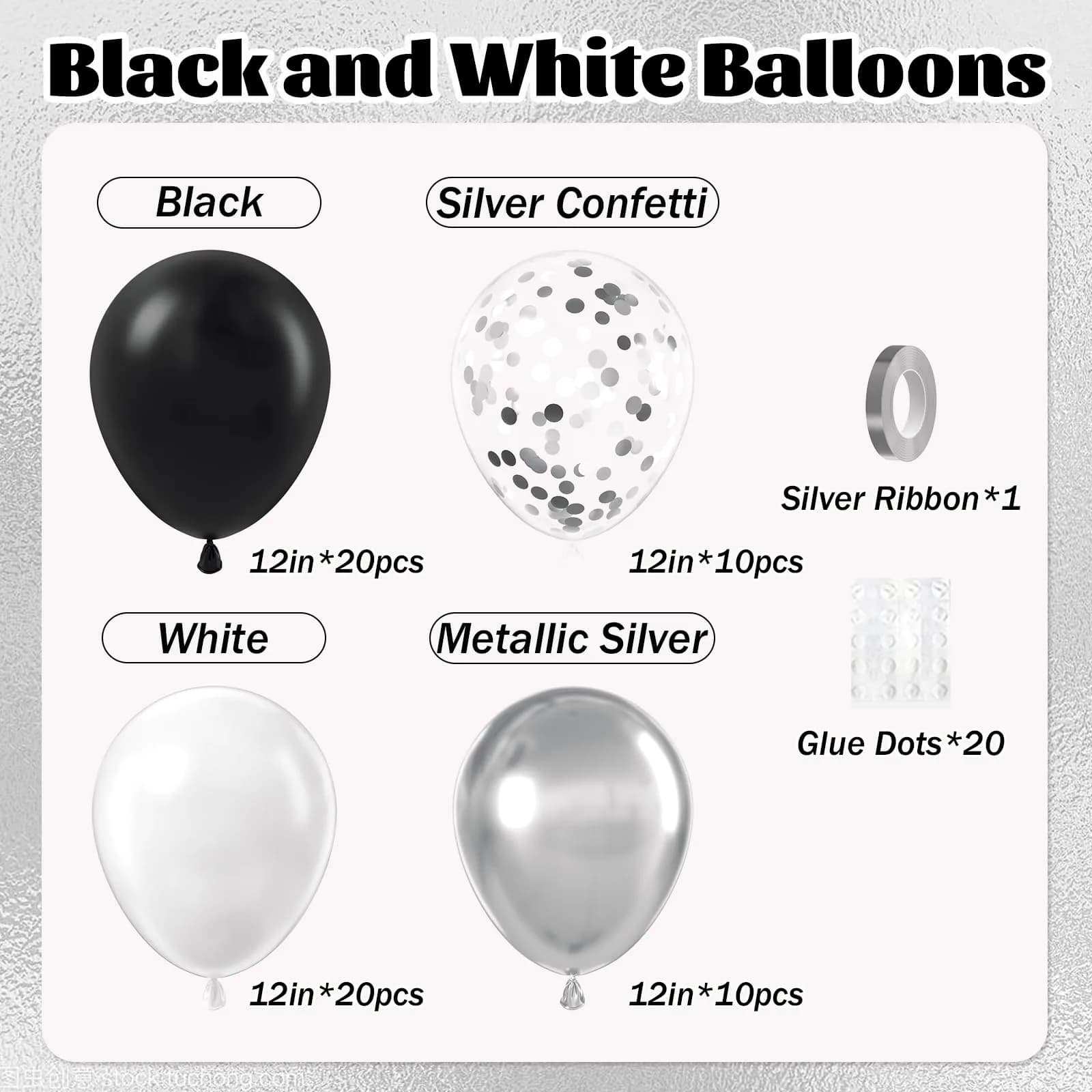 awenztech Black and Silver Balloons 12inch (30.48cm) | 60pcs Assorted Colors Party Pack - view 2