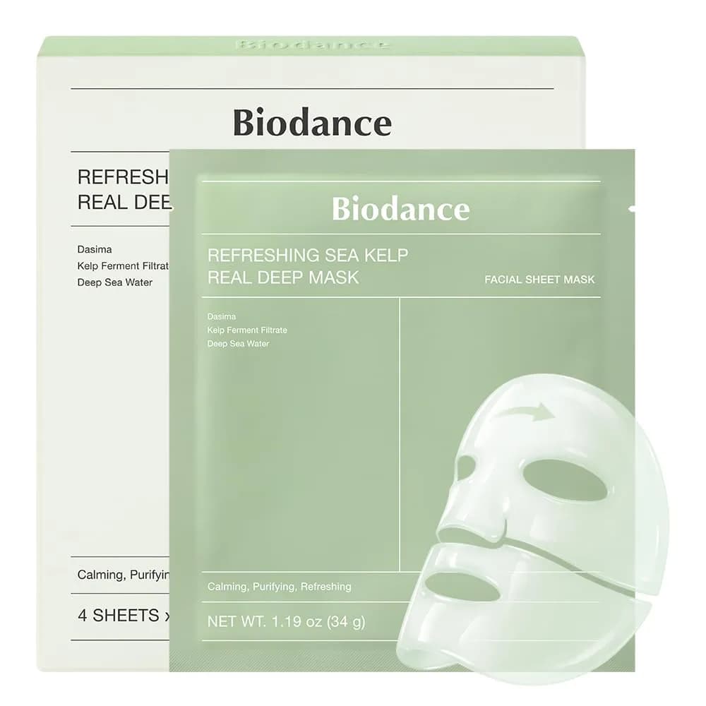 BIODANCE Deep Hydrogel Face Mask with Sea Kelp for All Skin Types, 4 Pack | Calming, Oil & Sebum Control, Sunburn Relief