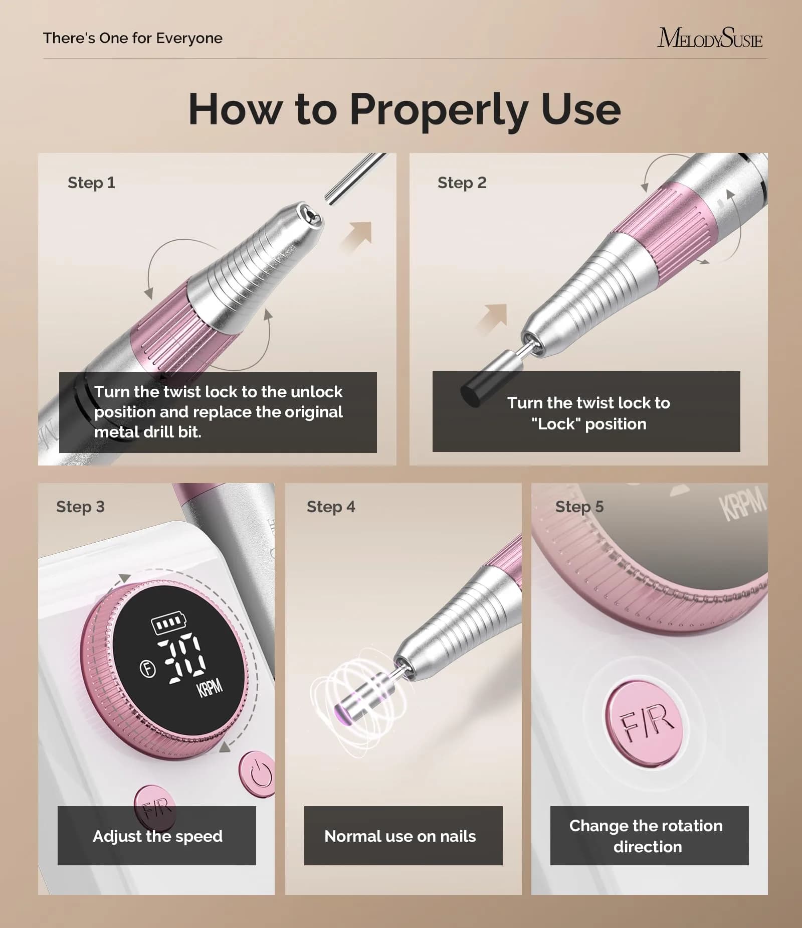 MelodySusie SC330G Rechargeable Nail Drill 30000RPM | Built-in Stand, Rose Gold, 12h Battery - view 5