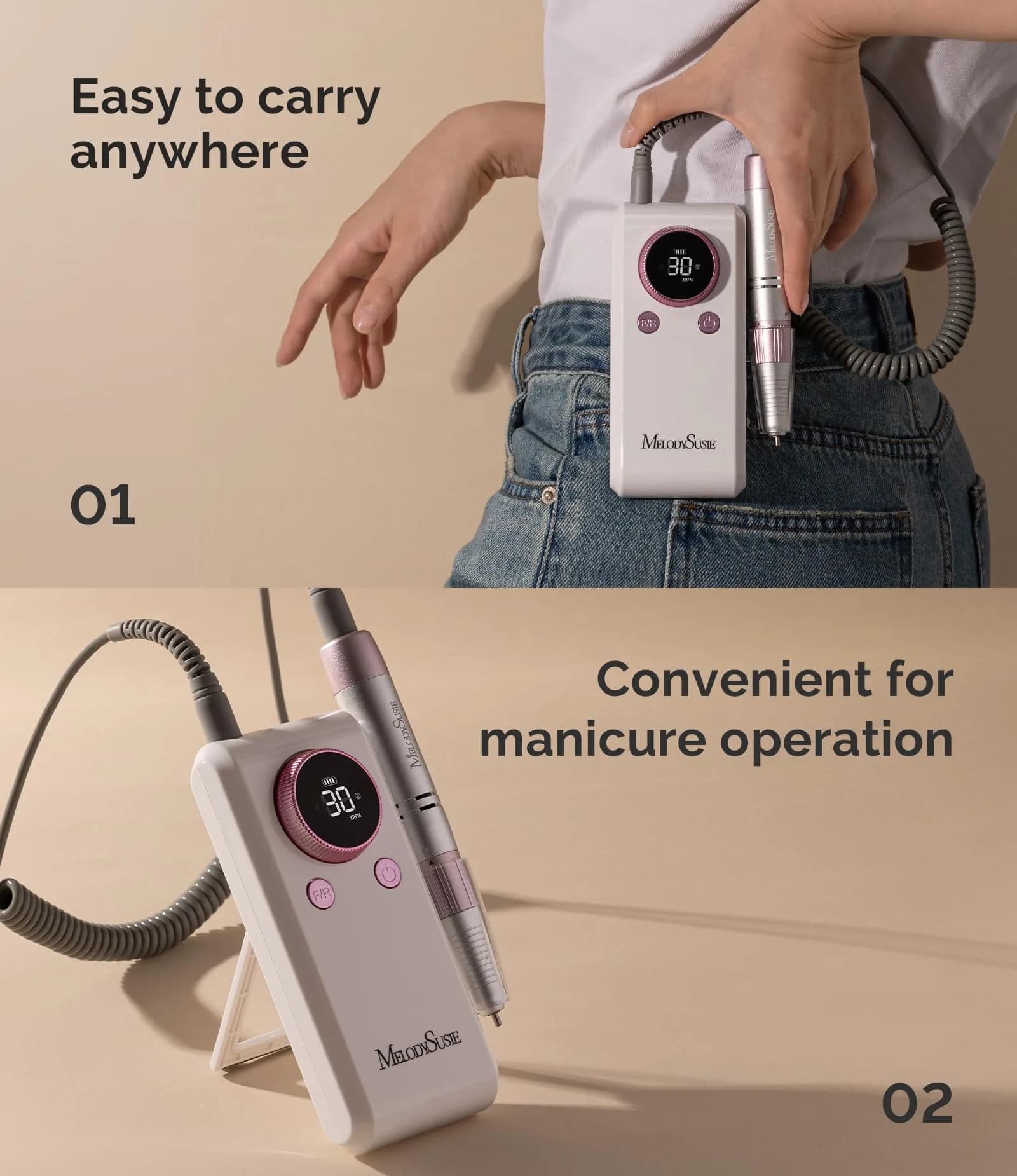 MelodySusie SM330G Rechargeable Clip-On Nail Drill 30000RPM with Carbon Motor in Rose | Professional E-File for Manicure Shaping & Gel Removal - view 2