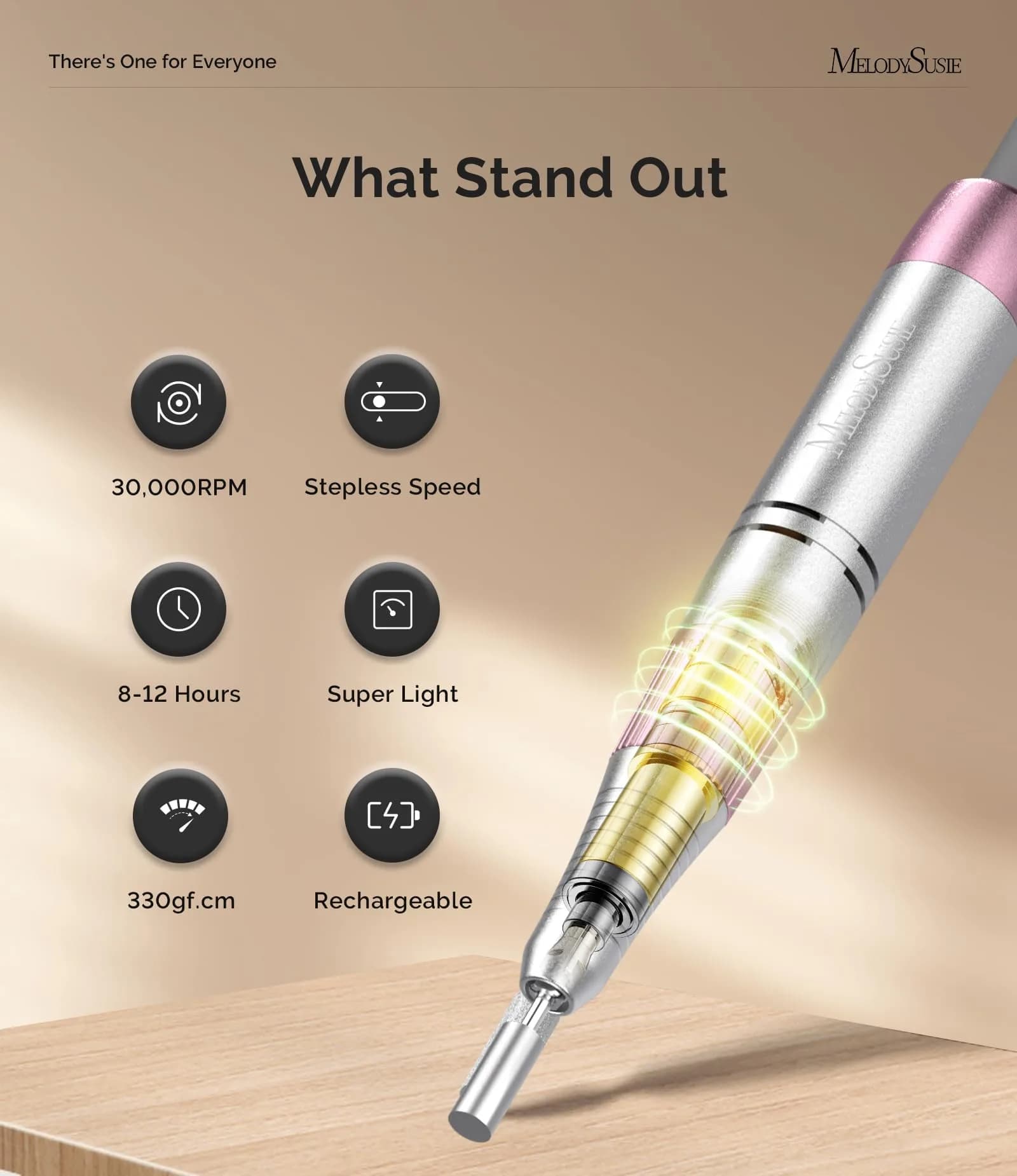 MelodySusie SM330G Rechargeable Clip-On Nail Drill 30000RPM with Carbon Motor in Rose | Professional E-File for Manicure Shaping & Gel Removal - view 4