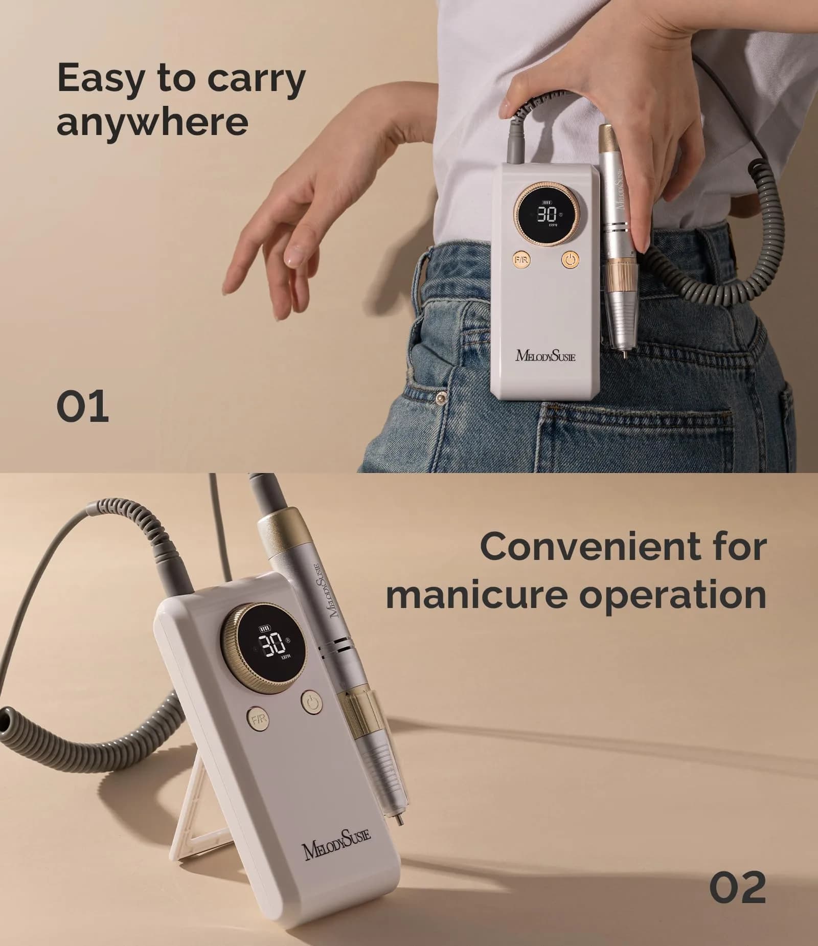MelodySusie SM330G 30000RPM Rechargeable Clip-On Nail Drill | Professional E-File for Manicure Shaping & Gel Removal - Gold - view 2