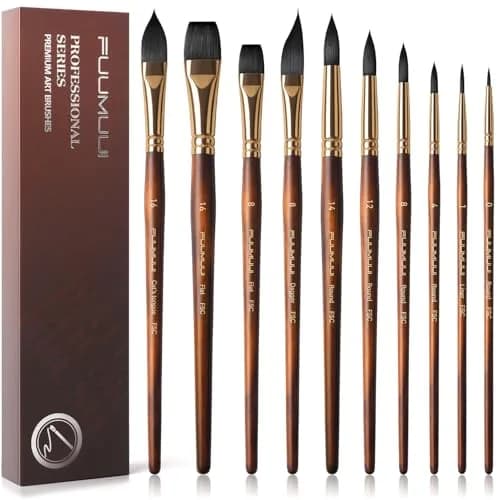 Fuumuui Watercolor Brushes Professional 10Pcs Synthetic Squirrel Hair Paint Brush Set with Flat, Round, Dagger, Cat's Tongue Oval Wash Shapes | Artist & Beginner Friendly thumbnail 1