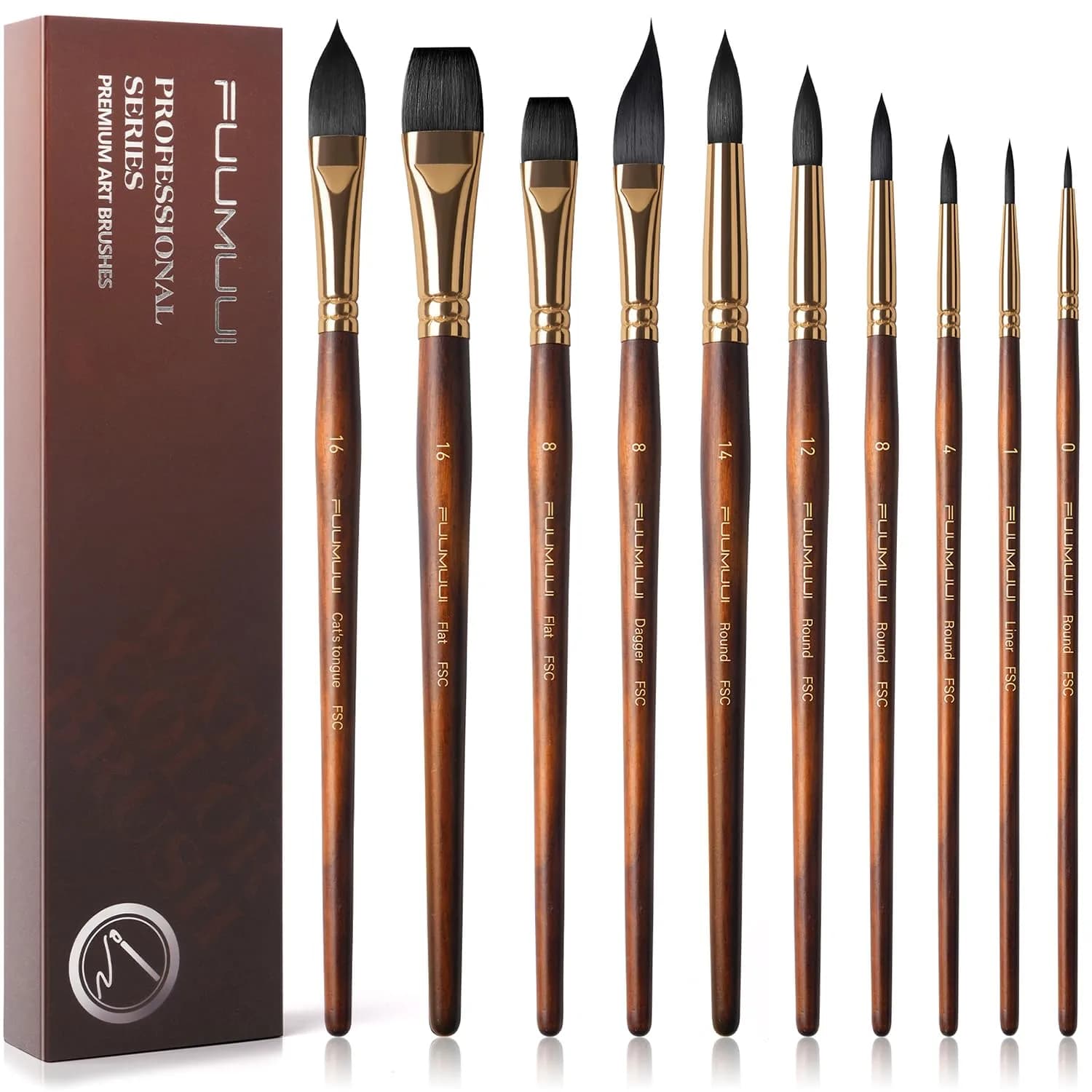 Fuumuui Watercolor Brushes Professional 10Pcs Synthetic Squirrel Hair Paint Brush Set with Flat, Round, Dagger, Cat's Tongue Oval Wash Shapes | Artist & Beginner Friendly - main product image