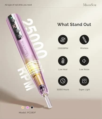 MelodySusie PC180F Cordless Nail Drill 25000RPM Rose Gold | Professional Electric File for All Nail Care thumbnail 4