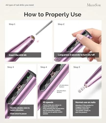 MelodySusie PC180F Cordless Nail Drill 25000RPM Rose Gold | Professional Electric File for All Nail Care thumbnail 5