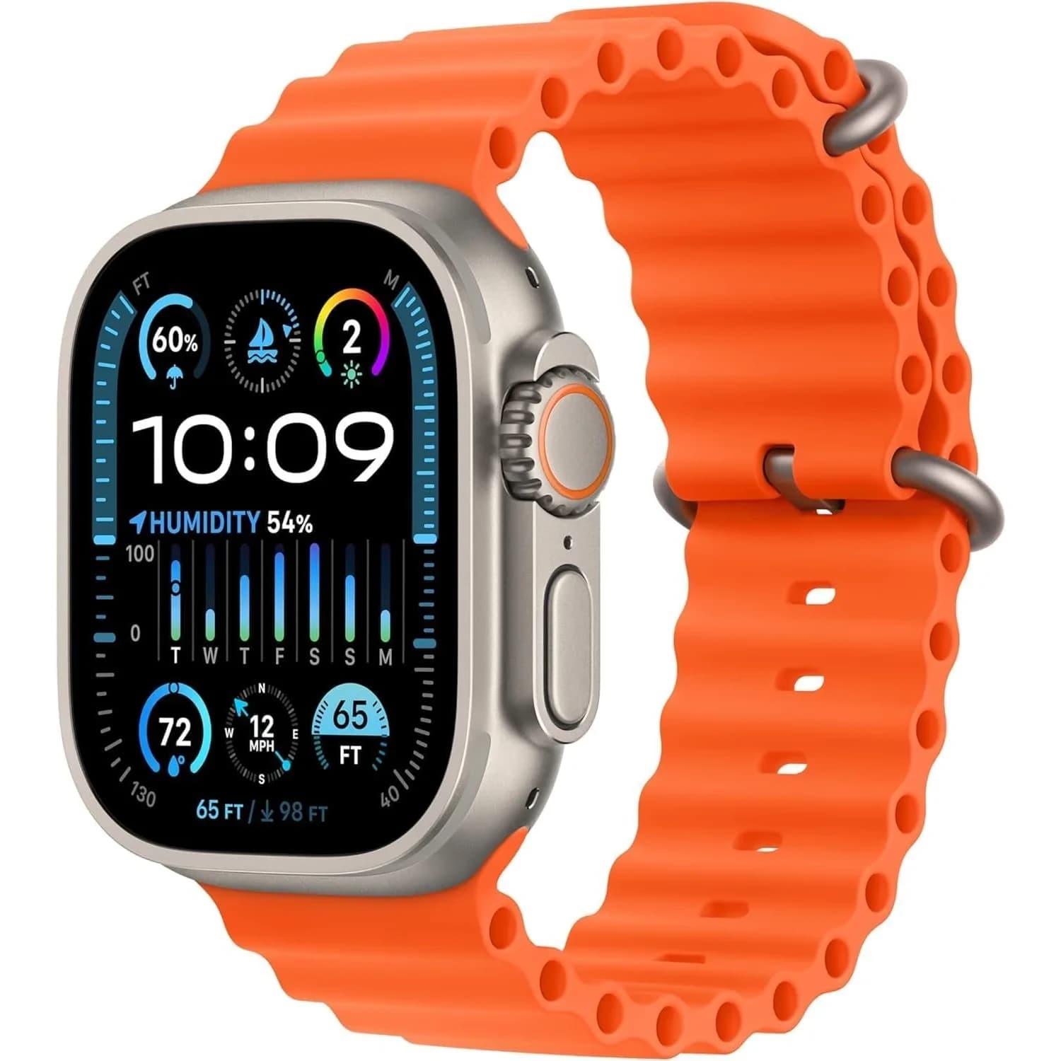 Apple Watch Ultra 2 [GPS + Cellular, 49mm] Rugged Titanium Case Orange Ocean Band | Always-On Retina Display 3000 Nits Brightness - main product image