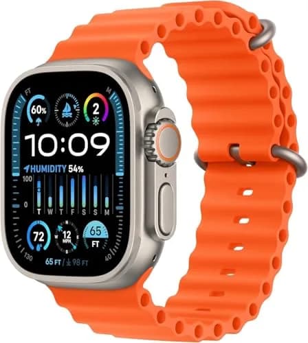 Apple Watch Ultra 2 [GPS + Cellular, 49mm] Black Titanium Case with Blue Alpine Loop | Rugged, Capable, and Built for Endurance — Titanium Case with Orange Ocean Band