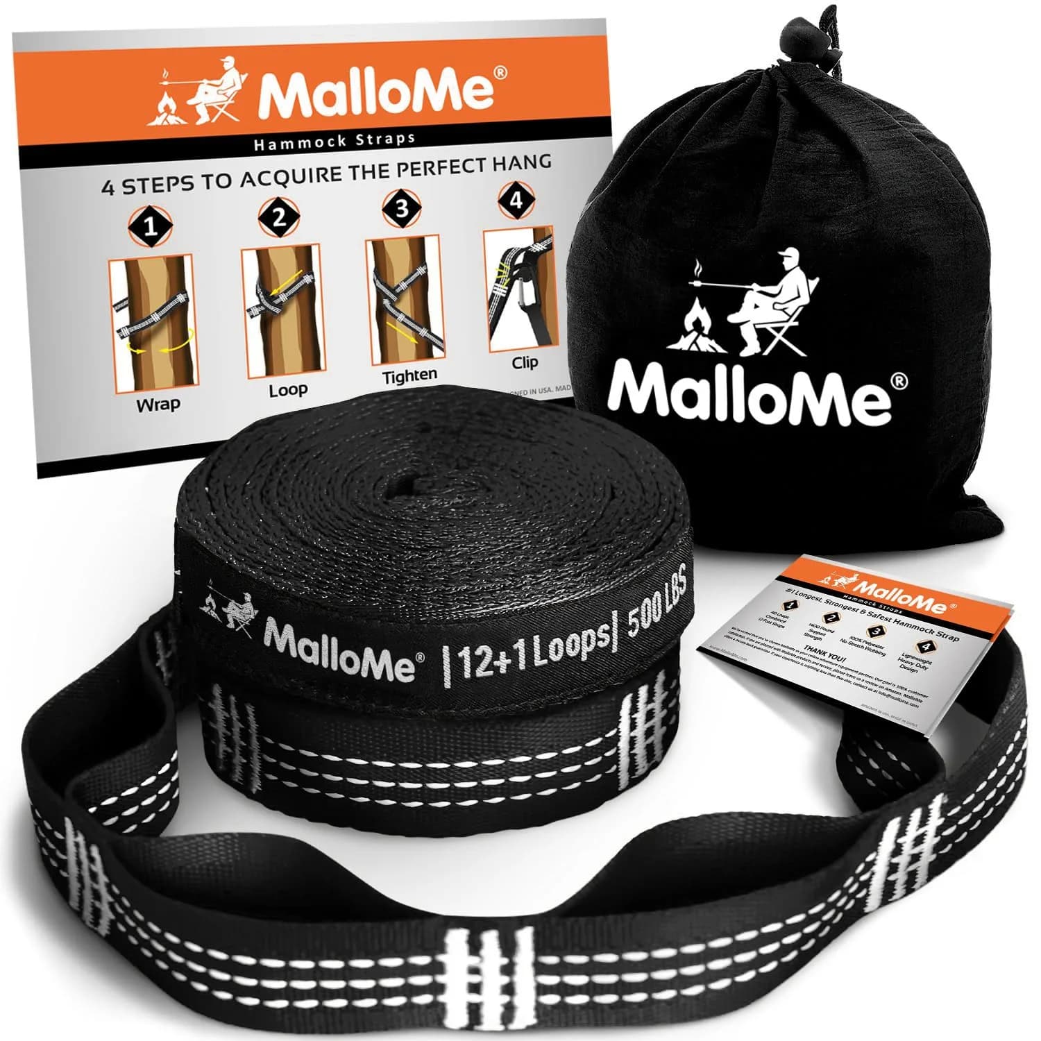 MalloMe Heavy Duty Tree Swing Straps & Hammock Straps for Trees – 2200 LB Capacity, 5FT Black D-Ring Style with Swivel & Carabiners | Multi-Purpose Hanging Kit