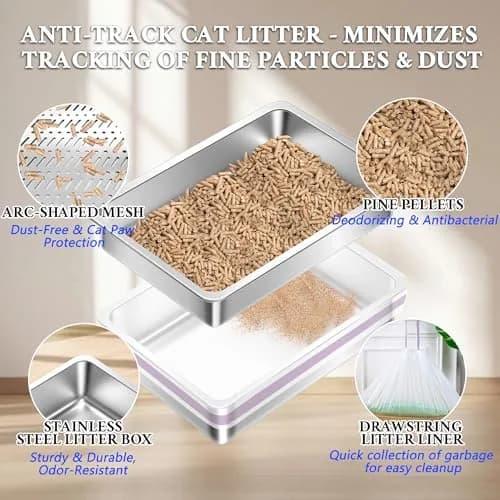 Tehoao Stainless Steel Sifting Cat Litter Box XL 49.5cm x 34.3cm x 16.5cm | Low Dust Odor Control thumbnail 3