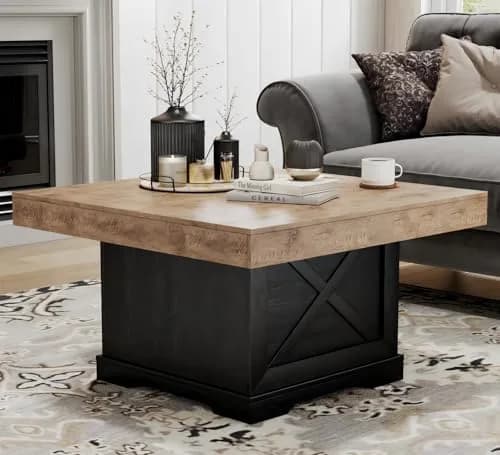 Lareth Rustic Coffee Table 31.5 in Square with X-Design | Space-Saving, Easy Assembly thumbnail 1