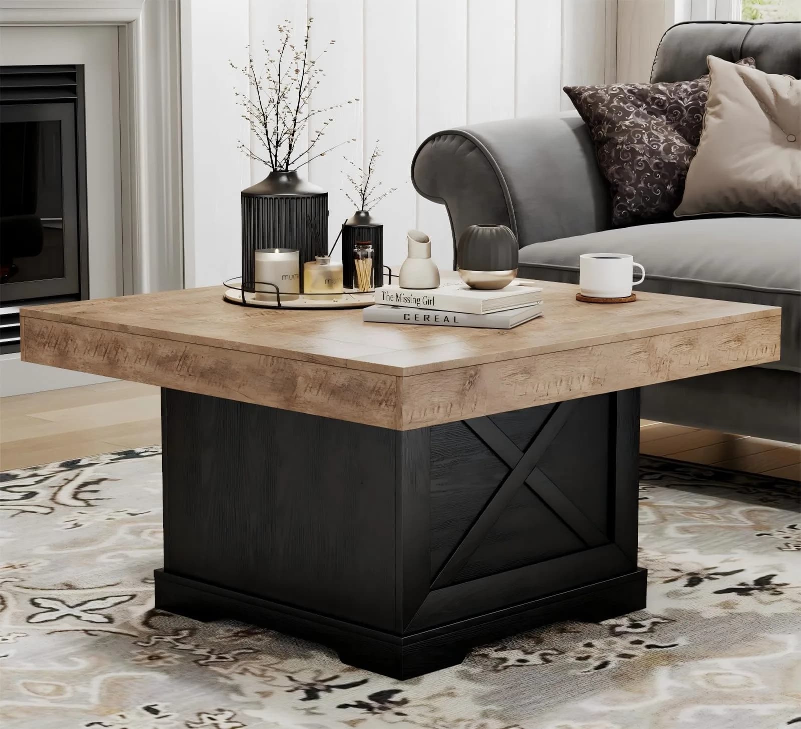 Lareth Rustic Coffee Table 31.5 in Square with X-Design | Space-Saving, Easy Assembly — Square