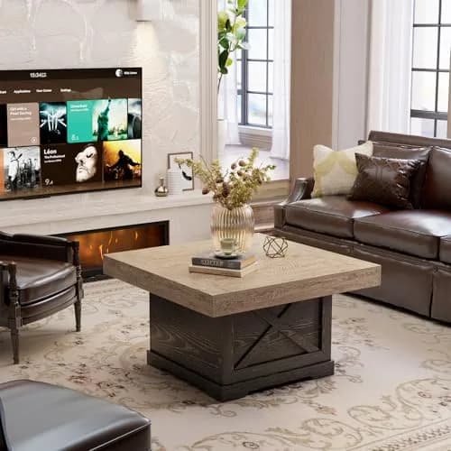 Lareth Rustic Coffee Table 31.5 in Square with X-Design | Space-Saving, Easy Assembly thumbnail 8