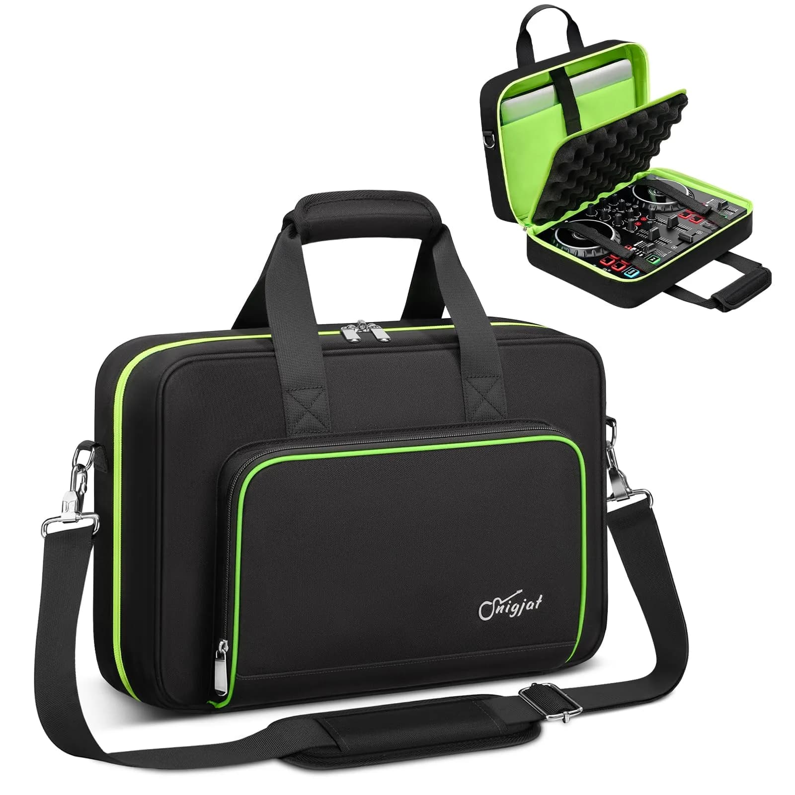 SNIGJAT DJ Controller Case for DDJ FLX4 / 400 / REV1, 21.5 x 11.5 x 2.5 inches | Protective Padded Bag with Accessory Pockets — Green Edging / Small, For Party Mix Ⅱ/ Inpulse 200